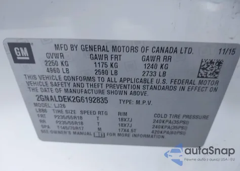 2016 Chevrolet Equinox Ltz из США, поврежденный, VIN 2GNALDEK2G6192835